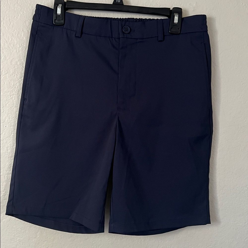NWOT Bugatchi Men's Bermuda Shorts Navy Blue Flat Front Elastic Waist in Size M
